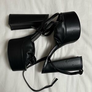 Public Desire Black Knot Front Leather Strap Platform Heel Sandals